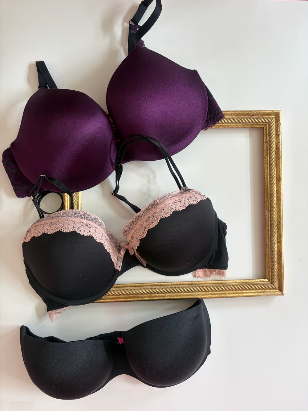 3 pack bundle Plush Support T-Shirt Bra Plum and Black with Blush Lace 36D